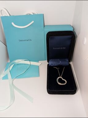 Tiffany & Co. Silver Open Heart Pendant Necklace - Blue Box
